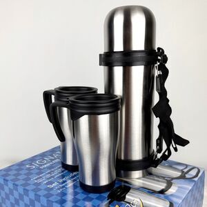 Signature Travel Set Stainless Steel Flask Bottle and Two Mugs